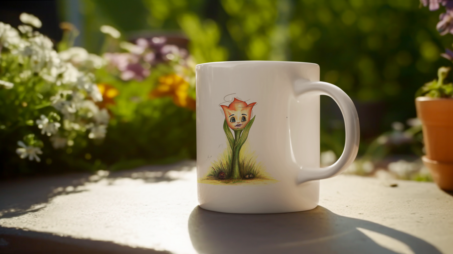 A Little Tulip Ceramic Coffee Mug with a vibrant floral design – durable white ceramic, perfect for coffee, tea, or hot chocolate.