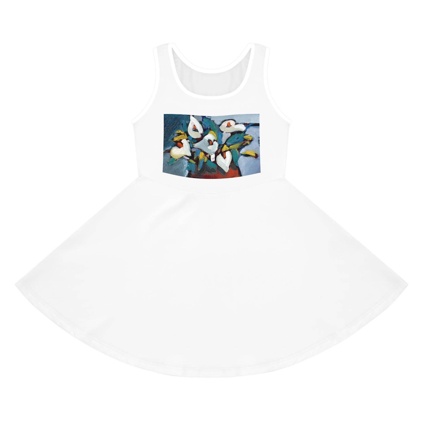 Close-up of Blend of Calla Lily Girl's Sundress fabric – made with 95% polyester and 5% spandex for comfort.