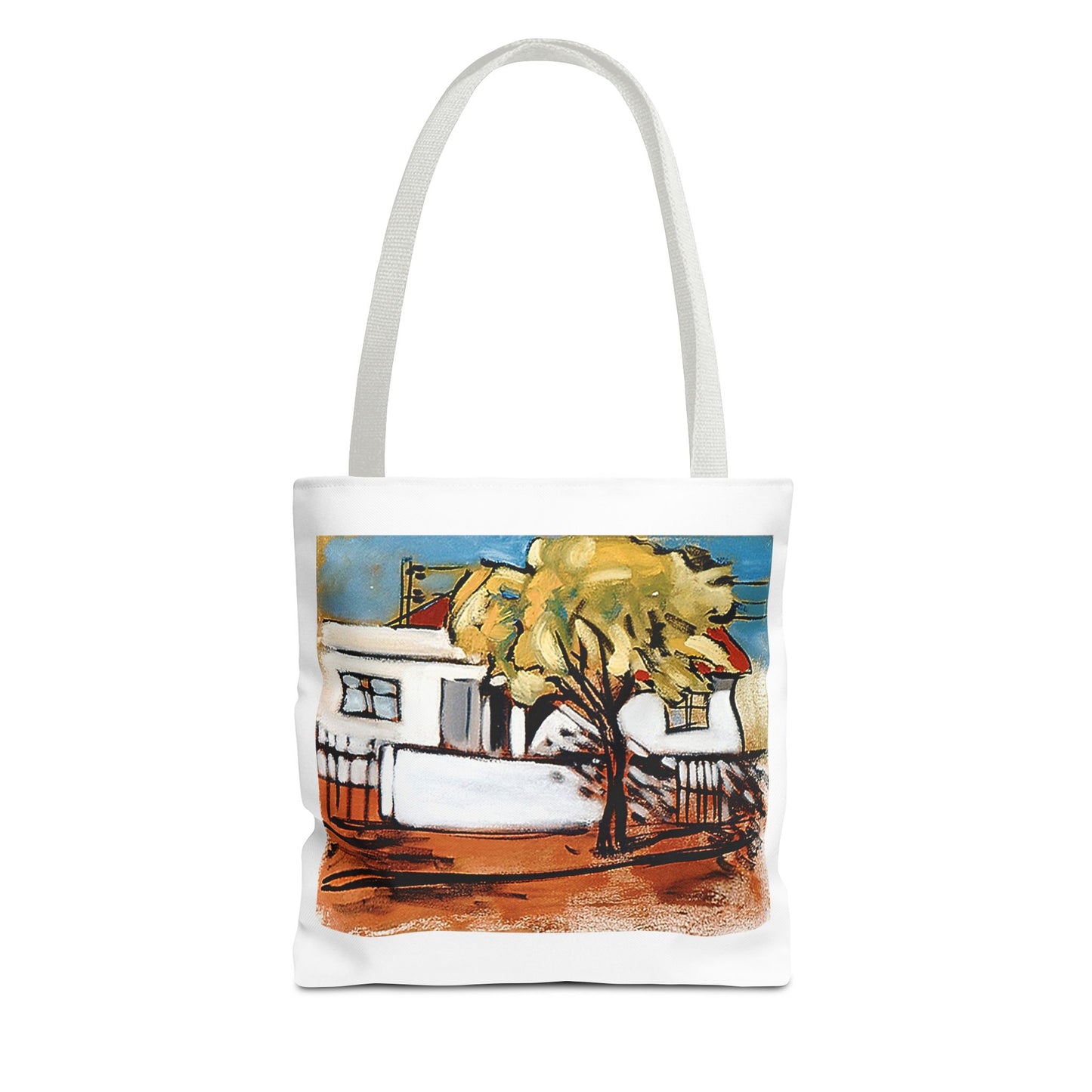 Close-up of Casinha Branca Tote Bag showing double-stitched seams and durable spun polyester fabric