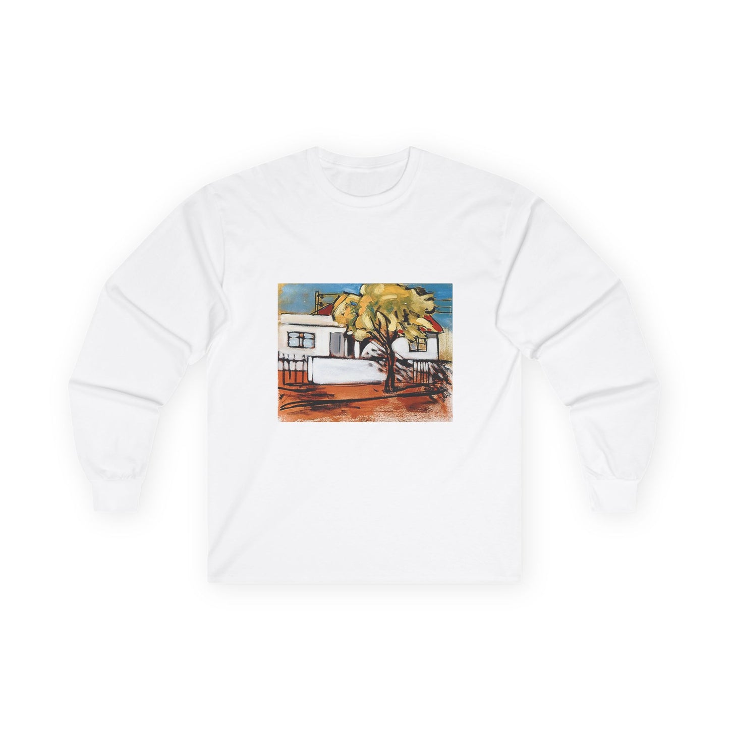 Comfortable white long sleeve tee with taped shoulders