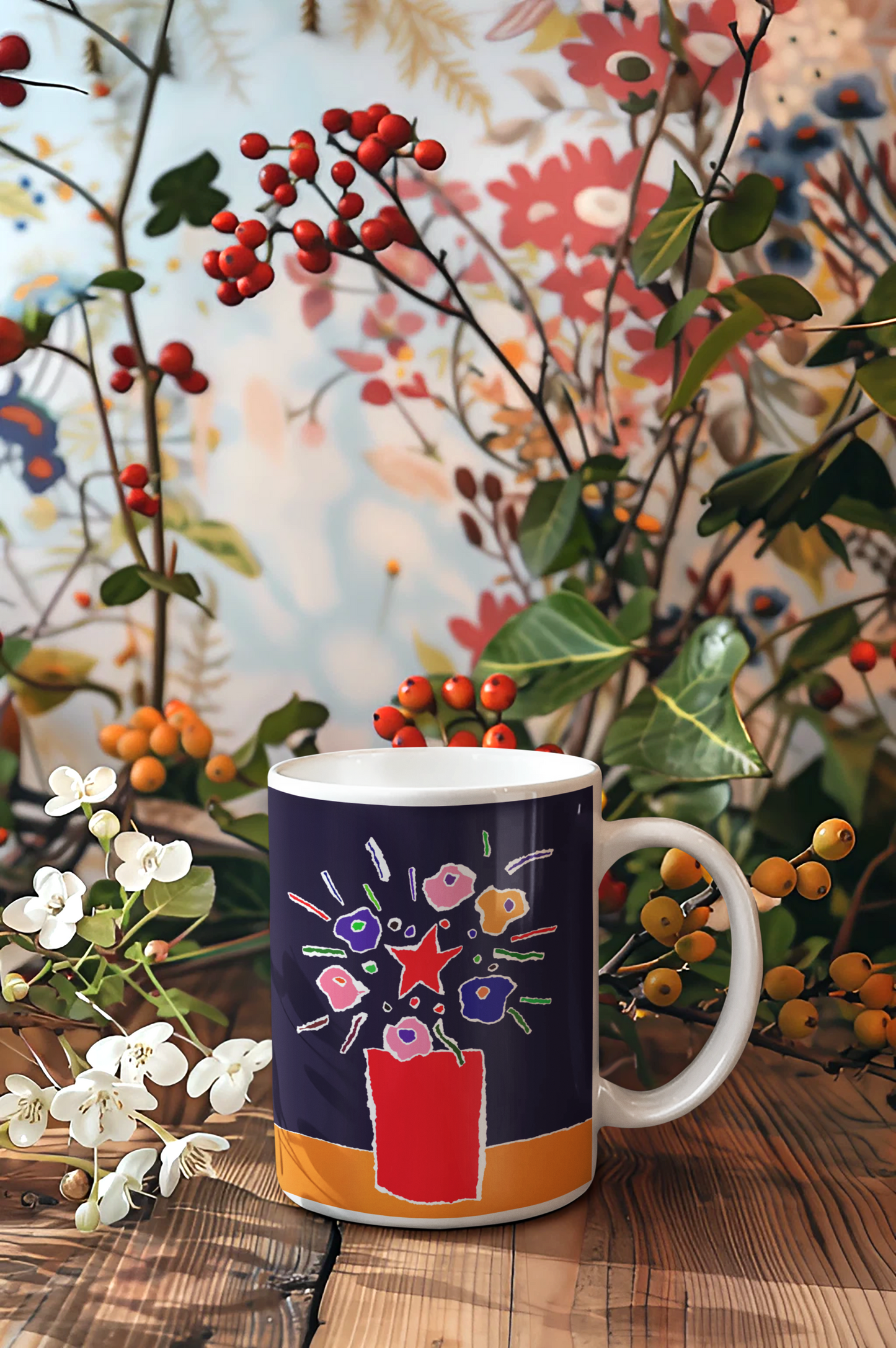 Custom ceramic flower pot mug with vibrant plant design, ideal for coffee, tea, and chocolate.