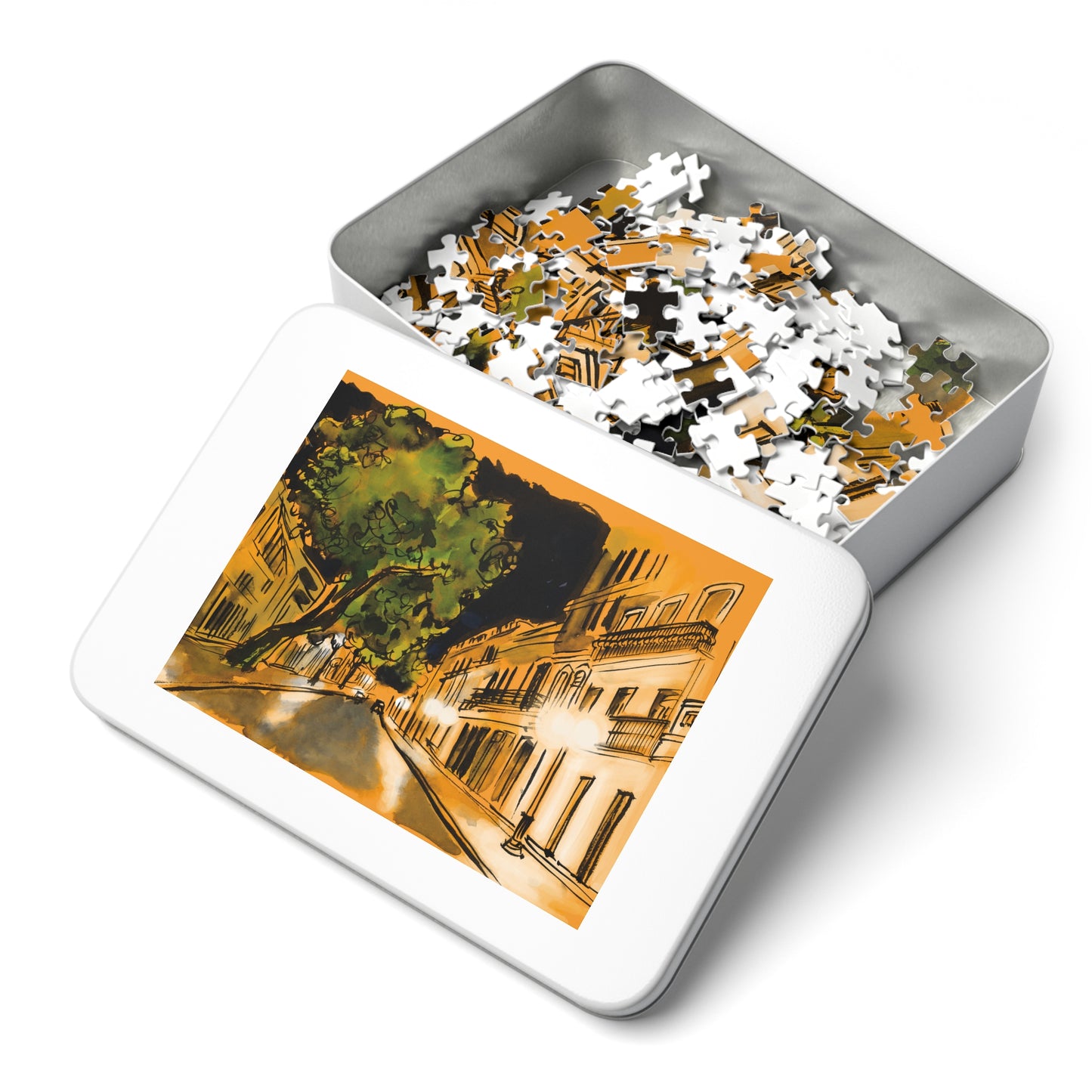 Golden Street scenic jigsaw puzzle with premium chipboard material, neatly packed in a white tin box with a finished image on the cover.