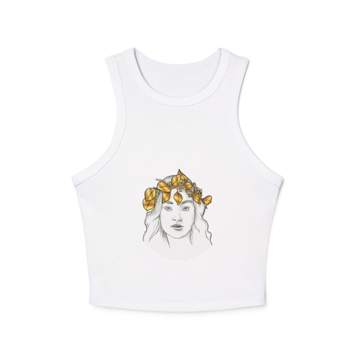 Close-up of Muse Golden Leaves Women's Tank Top fabric - Soft Airlume Combed Cotton, 1x1 Micro Ribbed Texture, High Neck Detail