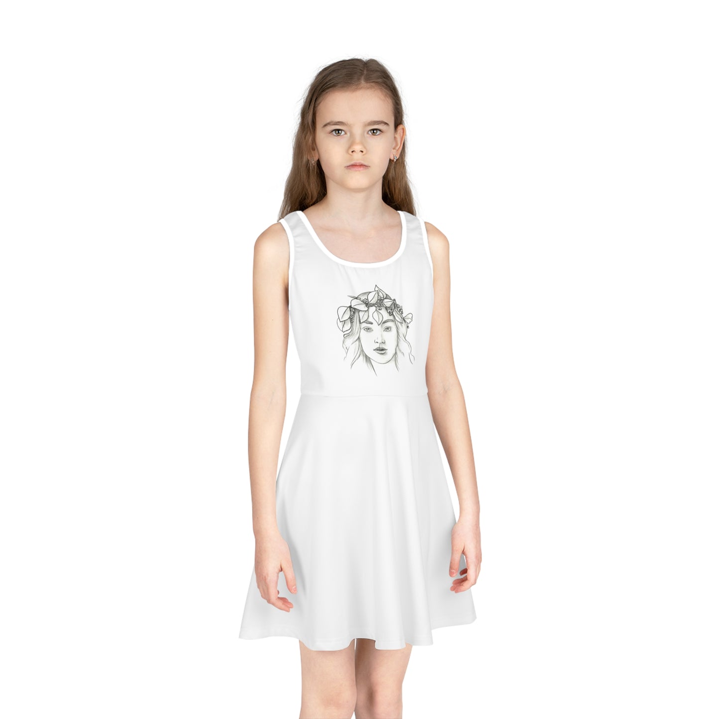 The Muse Girls' Sleeveless Sundress in A-line style, perfect for summer. Made from 95% polyester and 5% spandex, this dress offers breathable comfort for girls aged 2 and up.