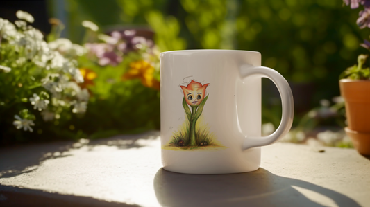 A Little Tulip Ceramic Coffee Mug with a vibrant floral design – durable white ceramic, perfect for coffee, tea, or hot chocolate.