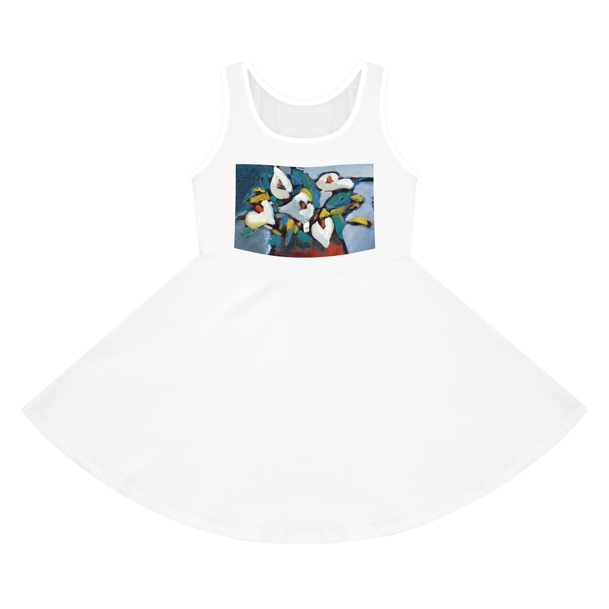 Close-up of Blend of Calla Lily Girl's Sundress fabric – made with 95% polyester and 5% spandex for comfort.