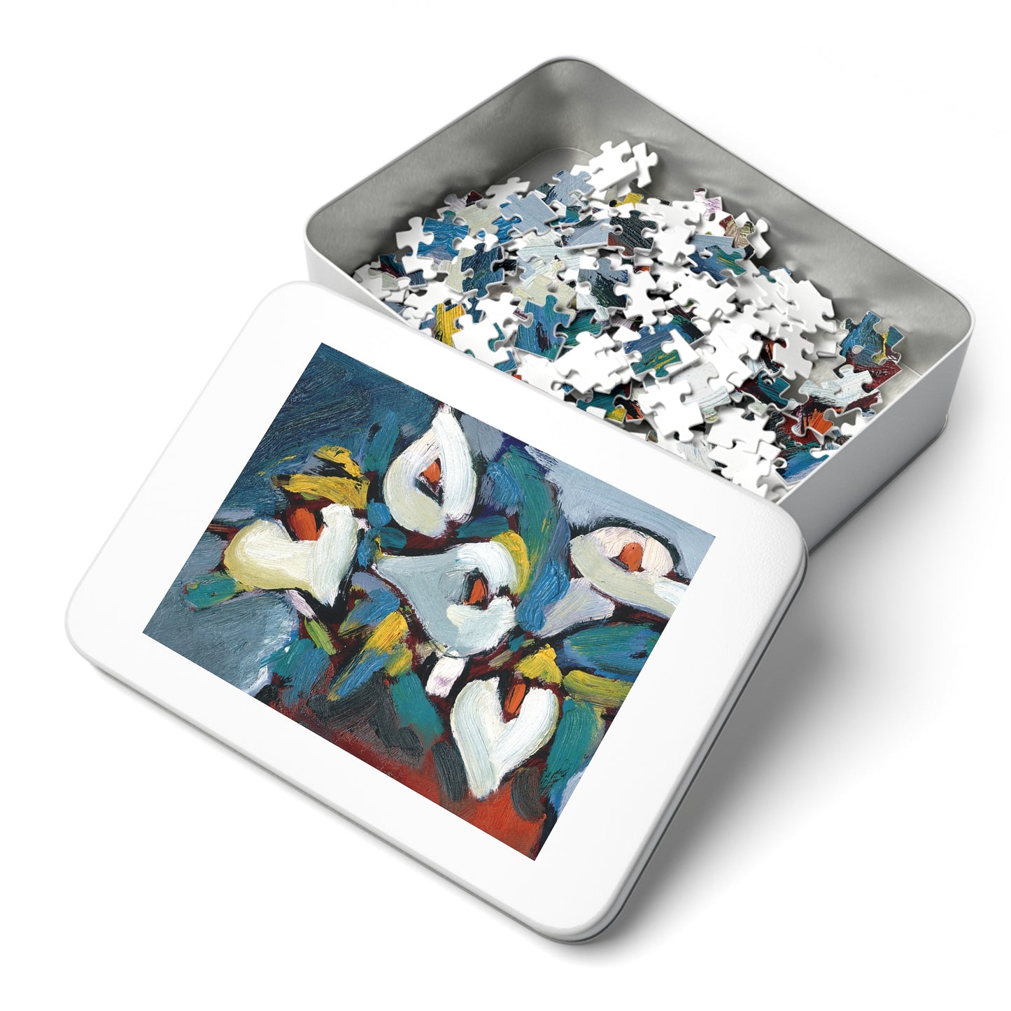 Completed Calla Lily Jigsaw Puzzle showcasing vibrant floral design with interlocking pieces.