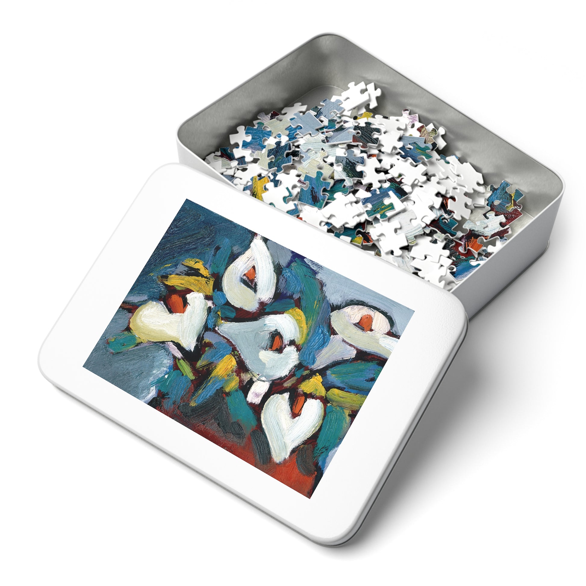 Completed Calla Lily Jigsaw Puzzle showcasing vibrant floral design with interlocking pieces.