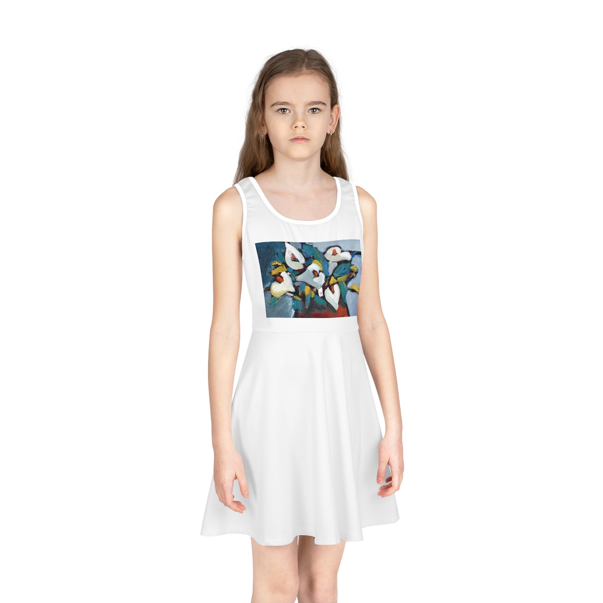 Front view of Blend of  Calla Lily Girl's Sleeveless Sundress in A-line cut, perfect for summer.